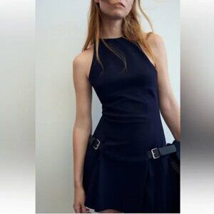 Zara Navy Mini Dress with Belted Accents Size Large NWT